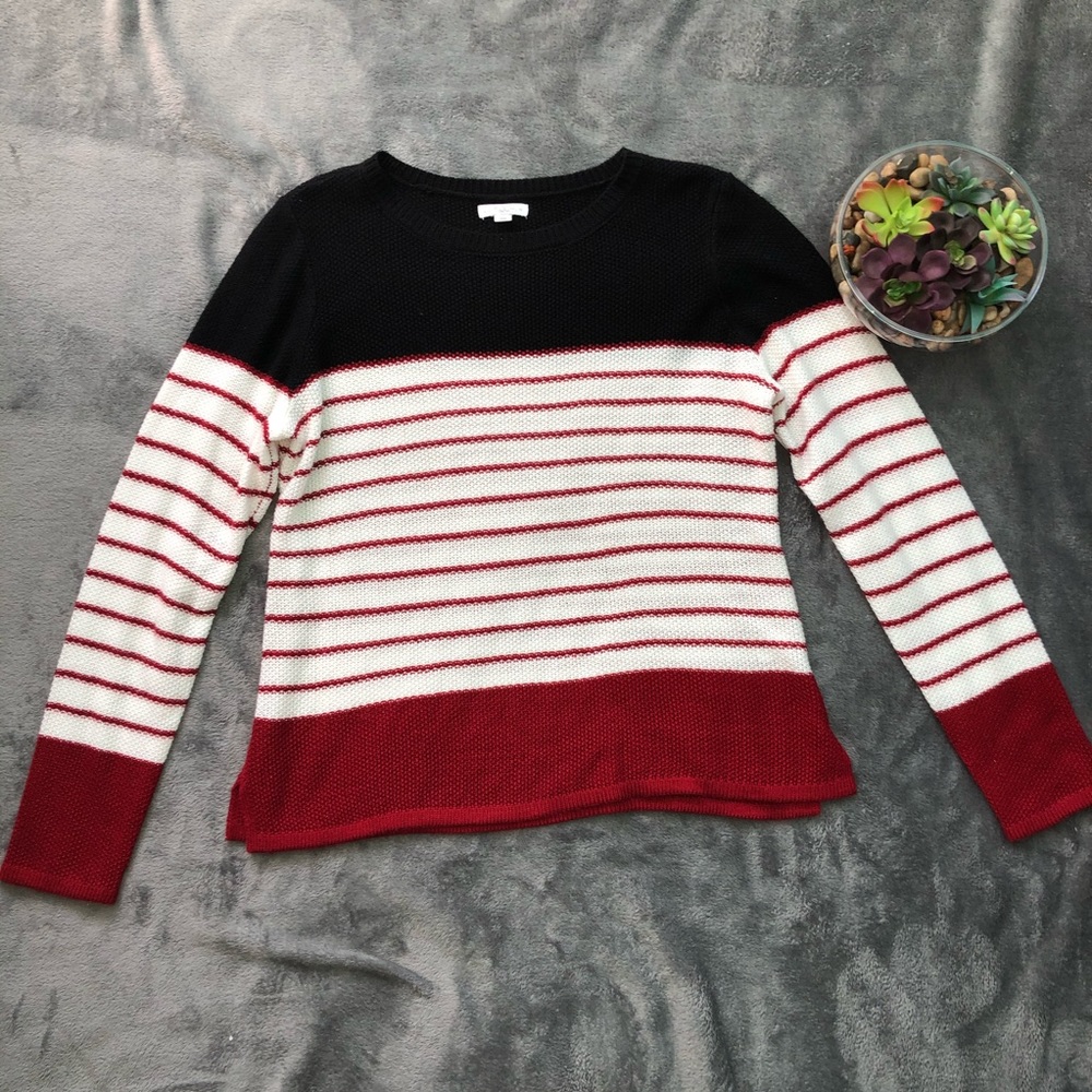 navy blue maybe black, Red, & white stripped top